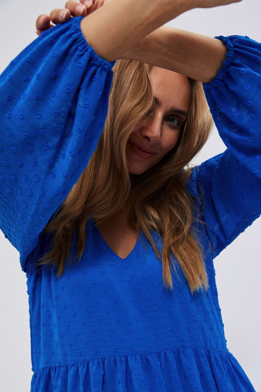 Šaty s nabíranými rukávy - modré Velikost: 38
