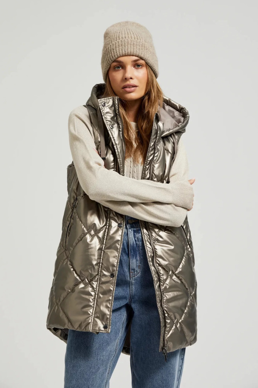 Dámská prošívaná vesta s kapucí MOODO - béžová Velikost: S