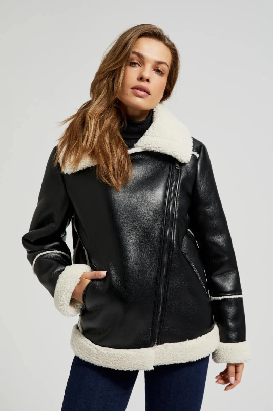 Dámská bunda z umělé ovčí kůže MOODO - černá Velikost: XS