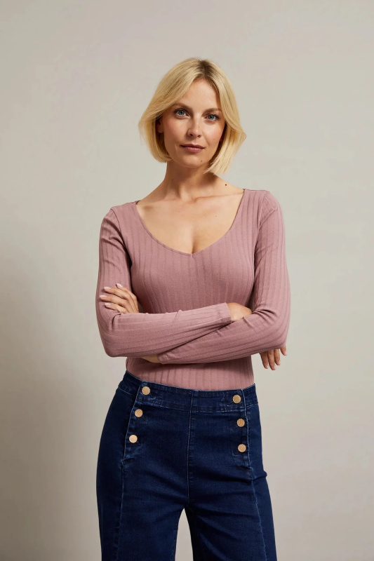 Dámská žebrovaná halenka s výstřihem do V MOODO - růžová Velikost: XL