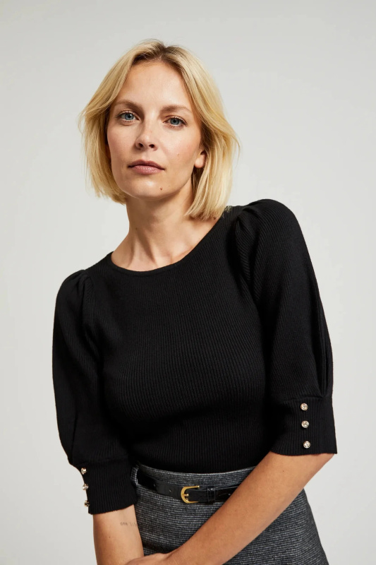 Dámská žebrovaná halenka s nabíranými rukávy MOODO - černá Velikost: M