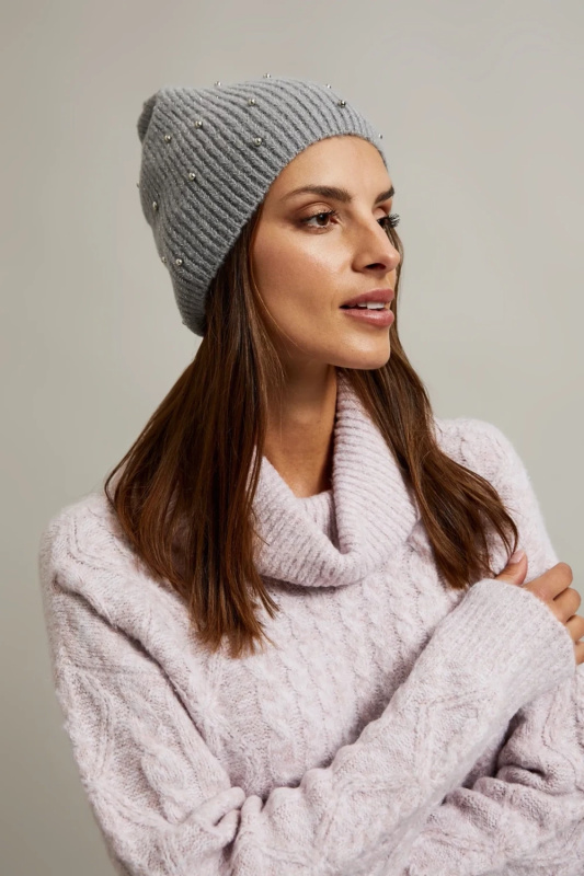 Dámská čepice Moodo žebrovaná s perlami - šedá