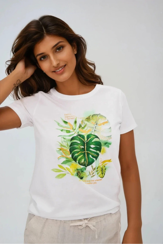 Marisse T-Shirt With A Tropical Print, White