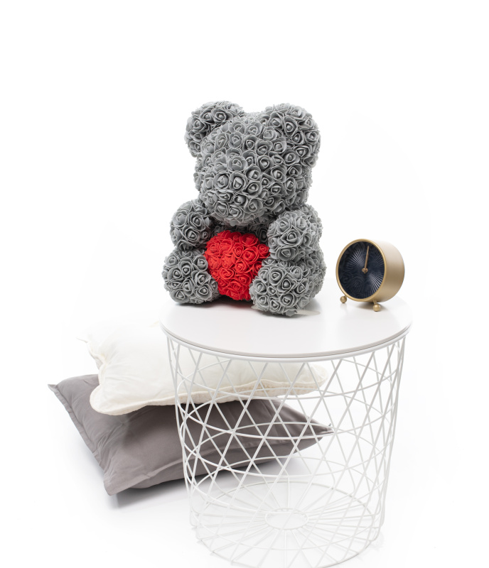 Tomido Medvídek z růží Rose Bear Šedý se srdcem šedo-červený 40 cm