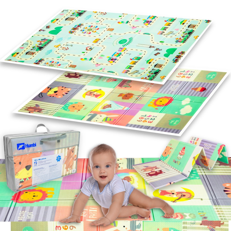 Skládací oboustranná pěnová hrací podložka HUMBI XPE 120 × 180 × 0,8 cm – zvířátka a uličky