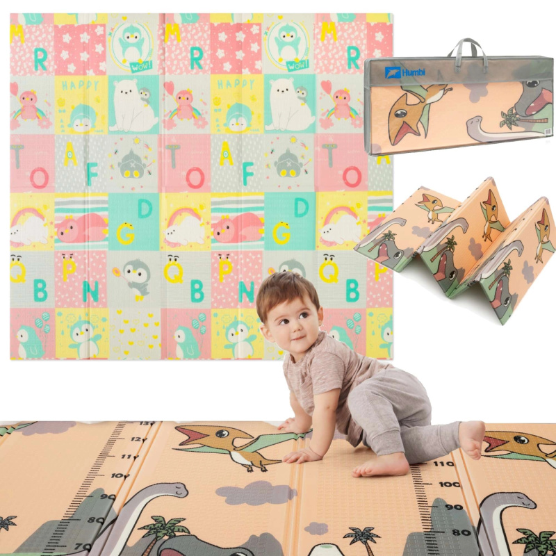 Humbi velká oboustranná skládací pěnová podložka XPE 200×180 cm dinosauři, zvířátka a písmena s měrkou