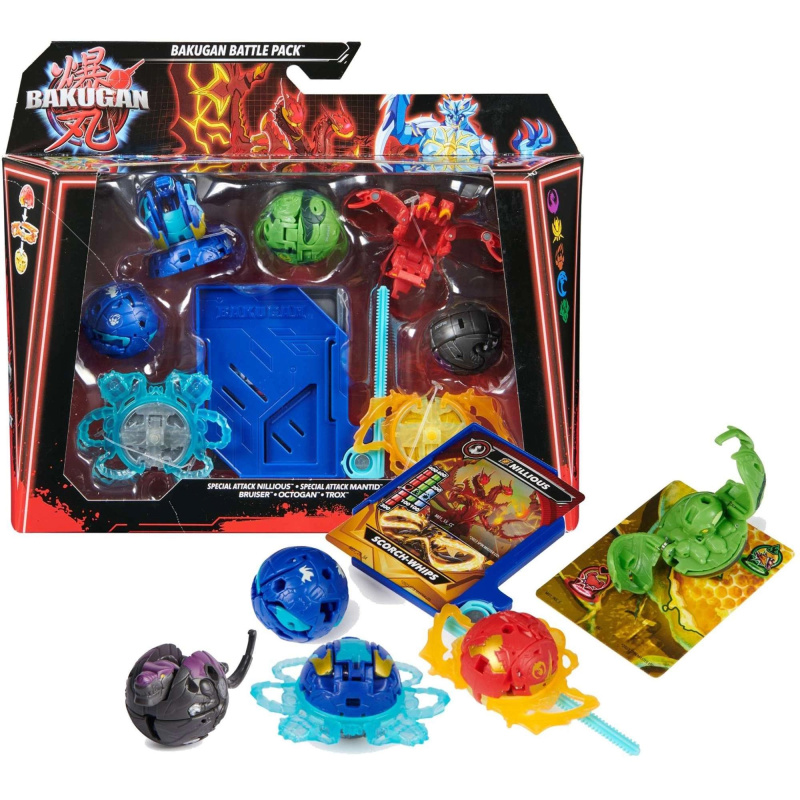 Bakugan Battle Pack Special Attack Nillious a Mantid + Bruiser, Octogan, Trox – bojový set se spinnerem