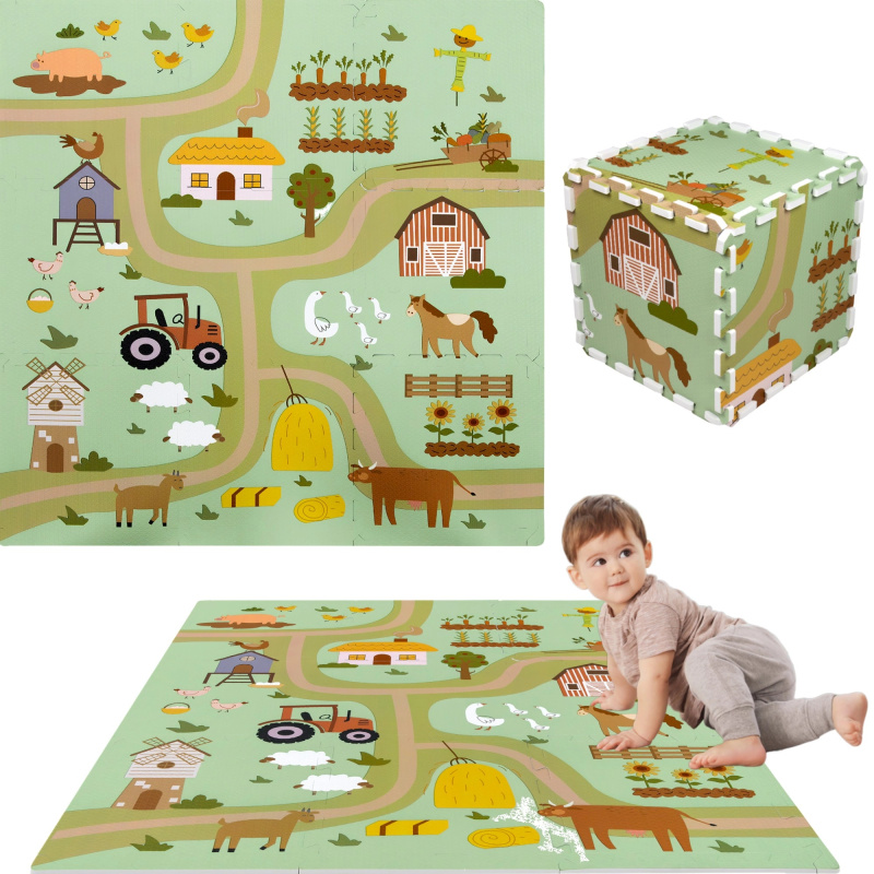 Pěnová podložka na hraní 90 × 90 cm – silné puzzle, 9 dílů HUMBI farma a venkovské cesty