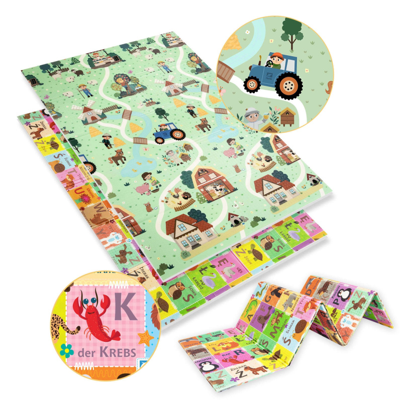 Dvouvrstvá skládací pěnová vzdělávací podložka XPE 120 × 180 s německou abecedou a motivem farmy Humbi