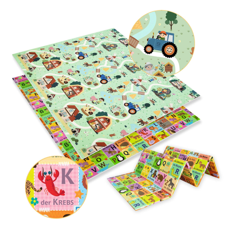 Oboustranná skládací pěnová podložka HUMBI 180 × 200 cm – německá abeceda a venkov