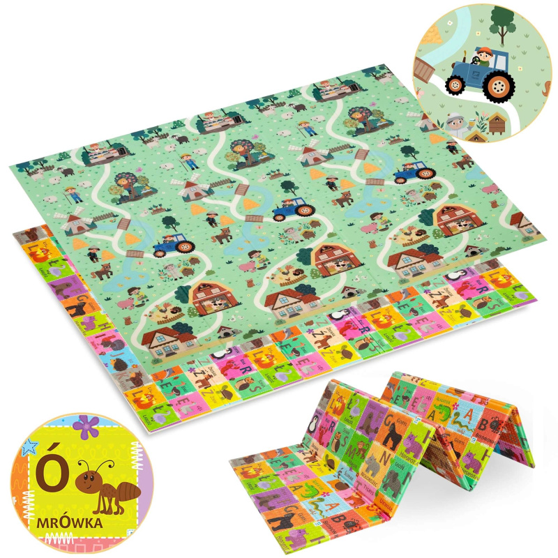 Dvoustranná skládací pěnová podložka HUMBI 180 × 200 cm – abeceda a farma