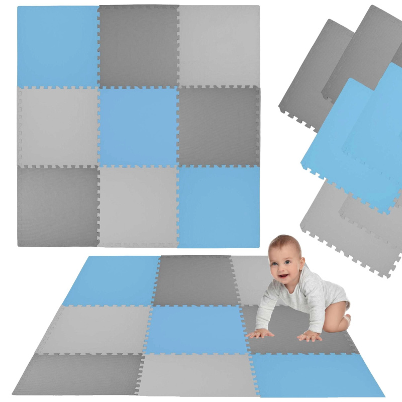Pěnová podložka HUMBI 180 × 180 cm – velké voděodolné puzzle, bezpečné pro miminka a děti, 9 dílů, modrá/šedá/tmavě šedá