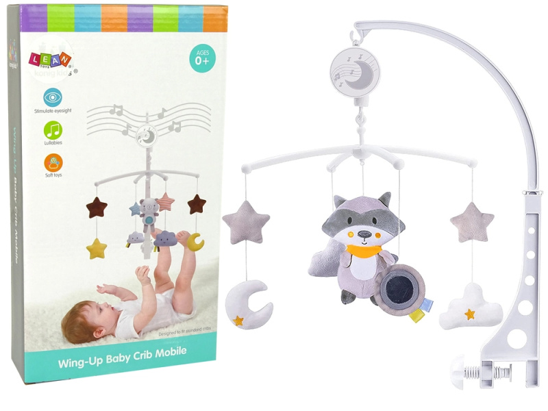 LEANToys Plyšový kolotoč Melody Racconn do dětské postýlky