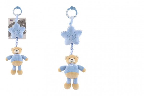 Teddies Medvěd s hvězdou plyš závěs na postýl./koč. natahovací hrací strojek 48cm modrý na kartě v sáčku