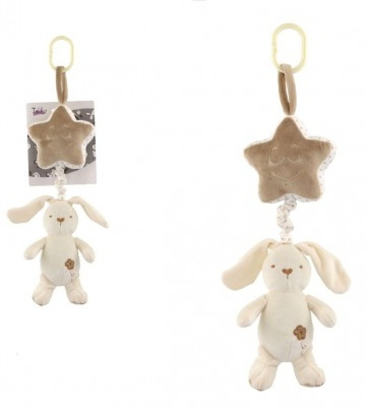 Teddies zajíc s hvězdou plyš závěs na postýlku/kočárek natahovací hrací strojek 36 cm na kartě v sáčku