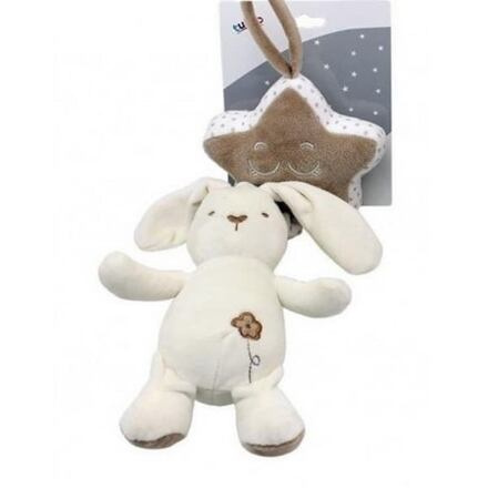 Teddies zajíc s hvězdou plyš závěs na postýlku/kočárek natahovací hrací strojek 36 cm na kartě v sáčku