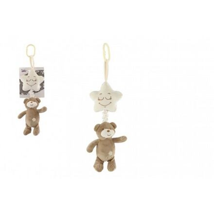 Teddies Medvěd s hvězdou plyš závěs na postýlku/kočárek natahovací hrací strojek 36 cm na kartě v sáčku