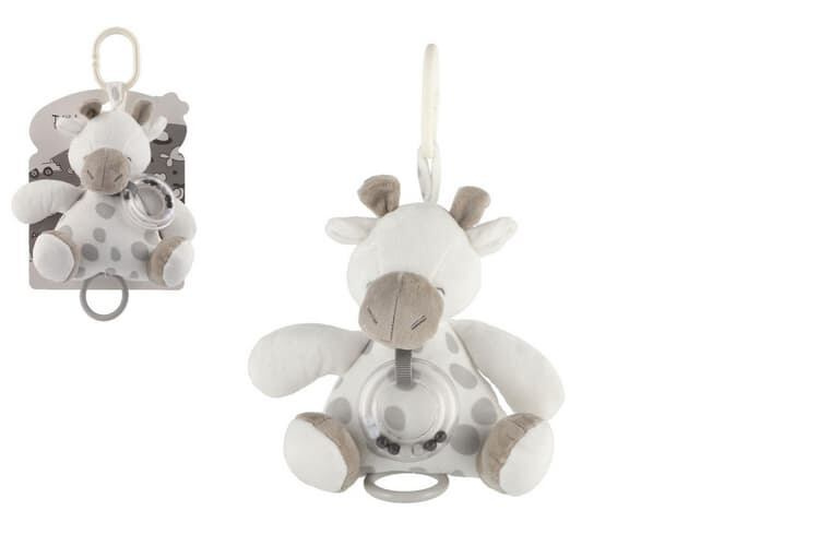 Teddies Žirafa natahovací hrací strojek chrastítko plyš 165x215cm bílo šedivá na kartě v sáčku