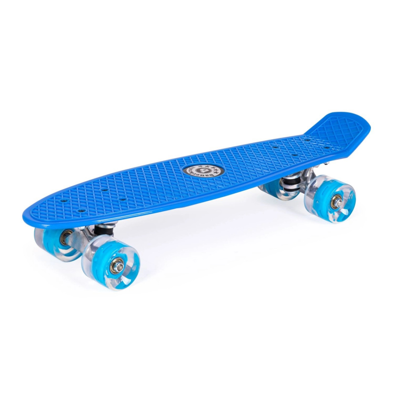 Modrá fiszka (penny board) se svítícími LED kolečky