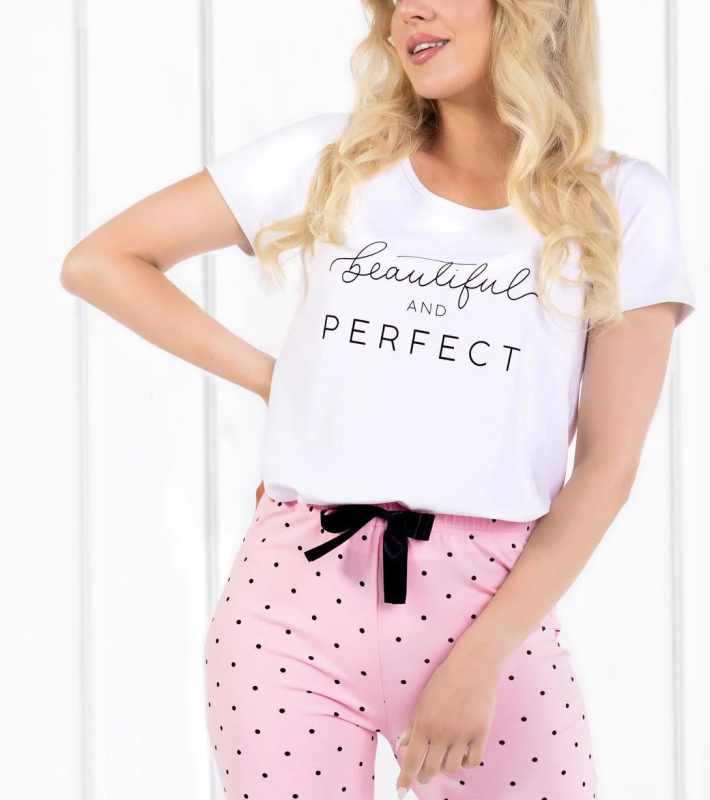 Dámské pyžamo Flawless Bílá s růžovou - Momenti Per Me bílo-růžová S