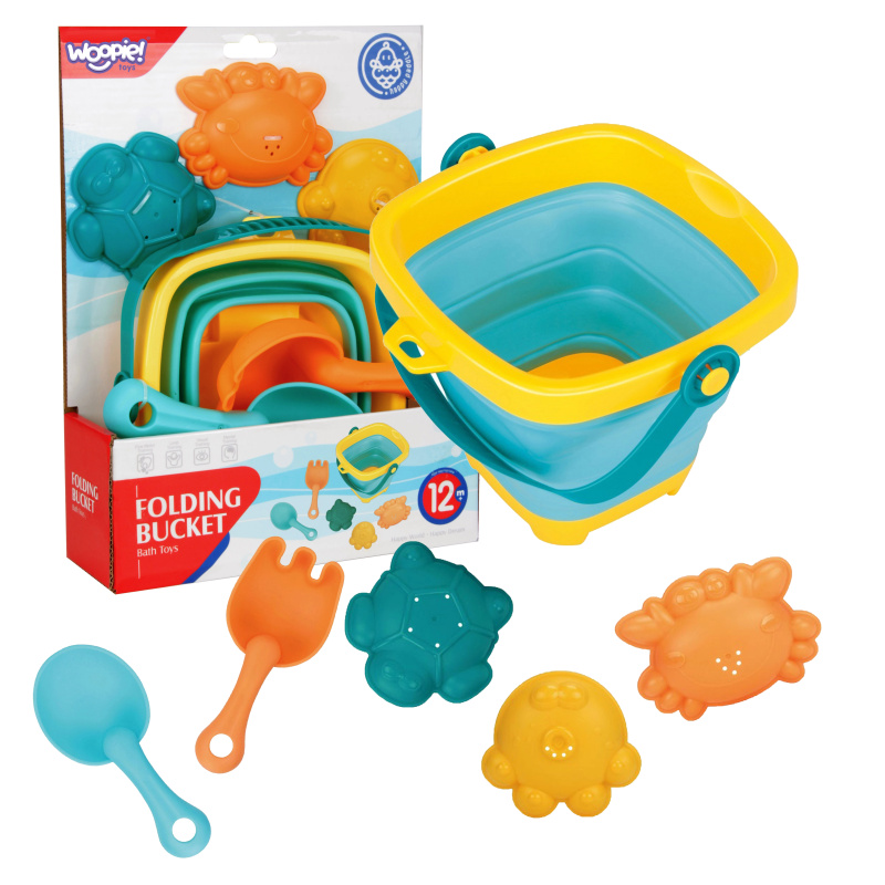 Skládací silikonové vědro s lopatkou, hráběmi a formičkami WOOPIE