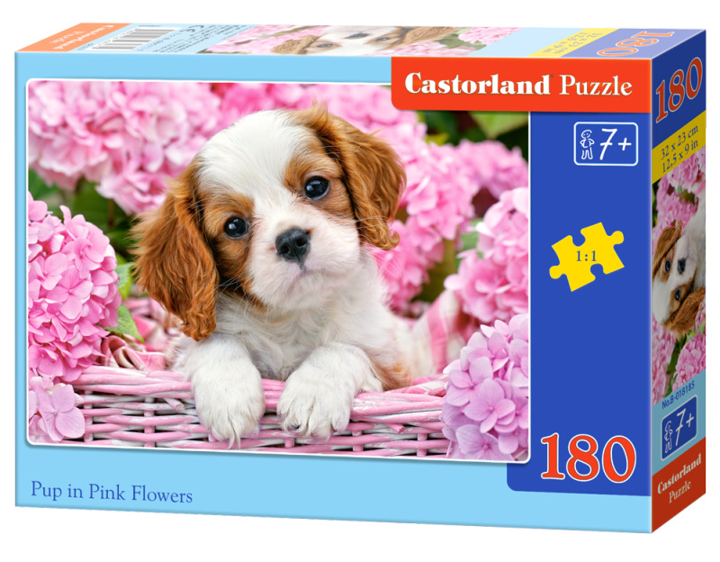 Puzzle Štěně v růžových květinách