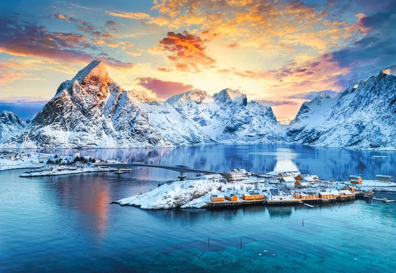 Puzzle Východ slunce nad Sakrisøy, Lofoty, Norsko 1000 dílků