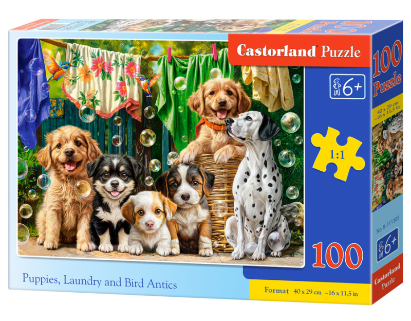 castorland puzzle štěňata, prádlo a ptačí dovádění 100 dílků