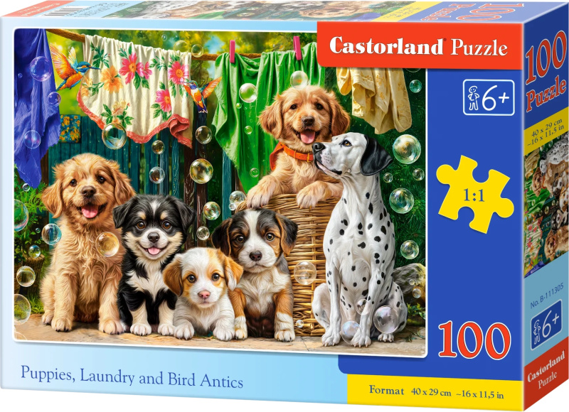 castorland puzzle štěňata, prádlo a ptačí dovádění 100 dílků