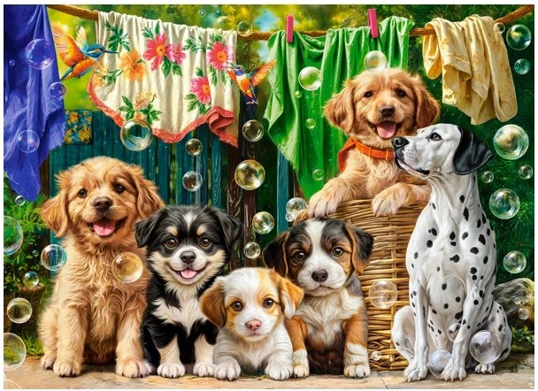 castorland puzzle štěňata, prádlo a ptačí dovádění 100 dílků