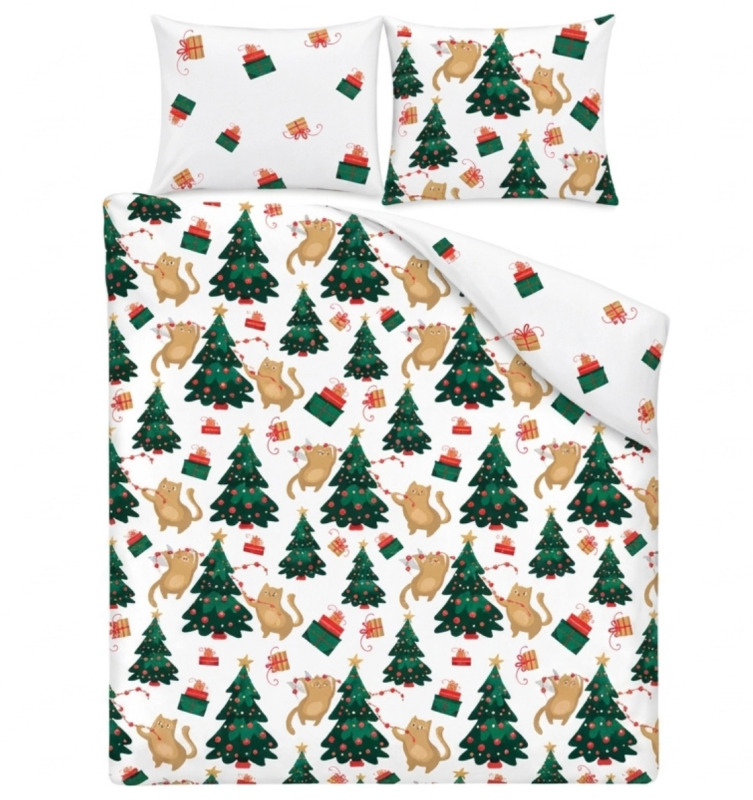 Vánoční povlečení Holly Jolly kočičky a stromečky bílé 140 × 200 cm