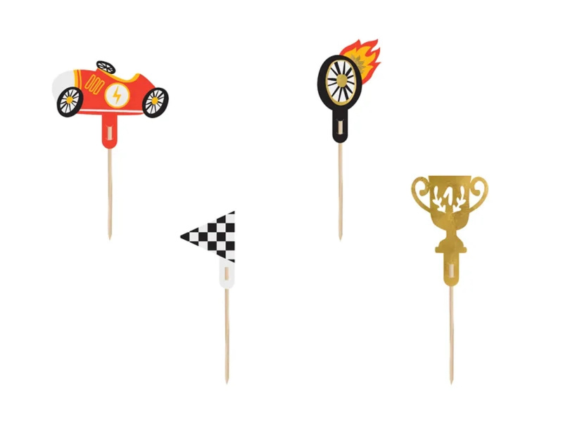 PartyDeco Dortová zapichovátka Auto-závody, 4 ks