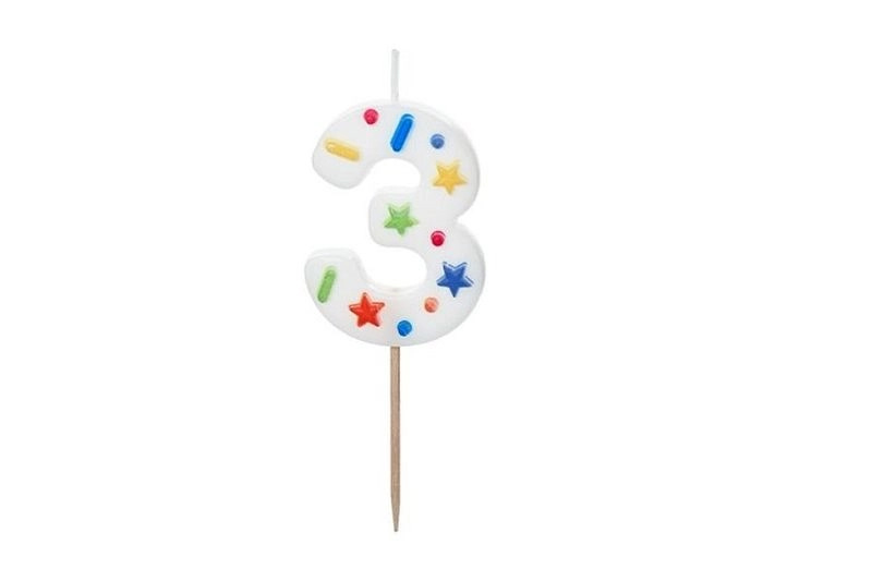 Narozeninová svíčka číslo 3 bílá s konfetami 5,5 cm