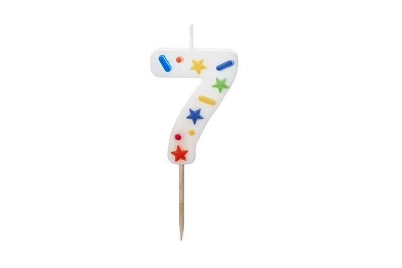 Narozeninová svíčka číslo 7 bílá s konfety 5,5 cm