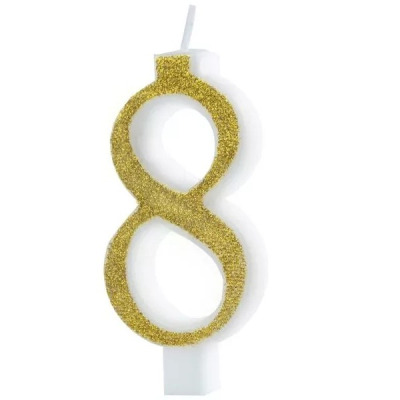 Svička narozeninová číslo "8" třpytivá zlatá 7 cm