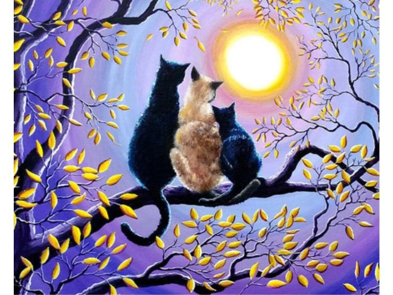 Diamantová mozaika (diamond painting) rodina koček na stromě 40 × 30 cm