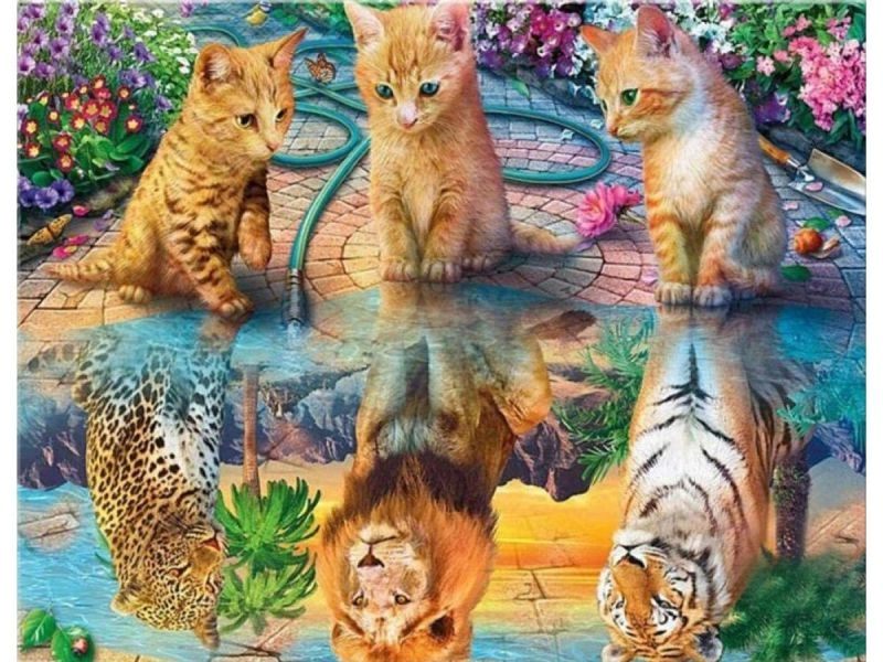 Diamantové vyšívání (diamond painting) zrcadlový odraz – leopard, lev a tygr 40 × 30 cm