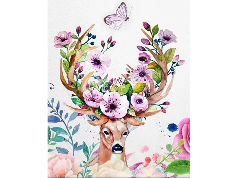 Diamantové malování – jelen s květinovým parožím 30 × 40 cm