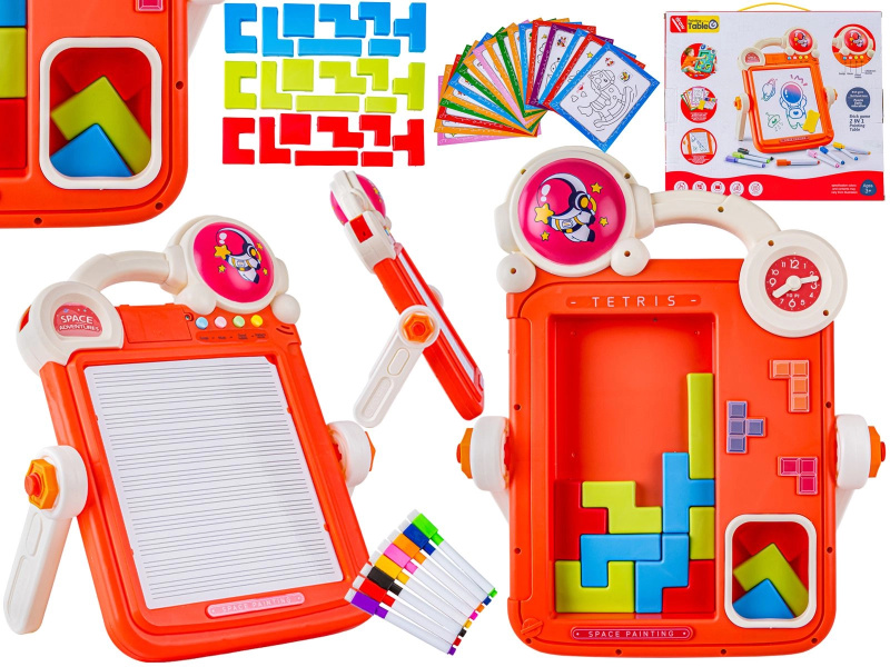 Multifunkční oboustranná tabule 2 v 1 pro děti – mazatelná kreslicí tabulka a tetris skládanka (červená)
