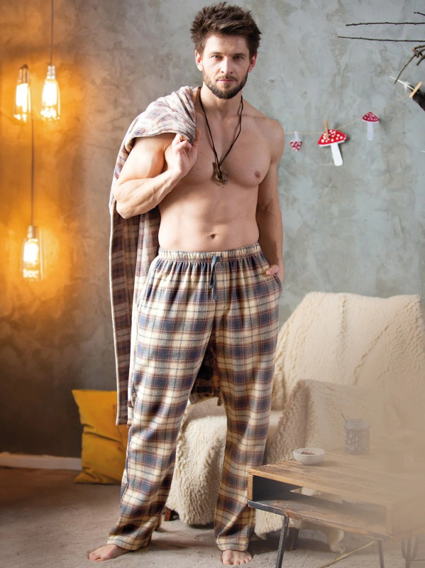 Pánské pyžamové kalhoty Key MHT 402 B24 M-2XL béžová mřížka XL