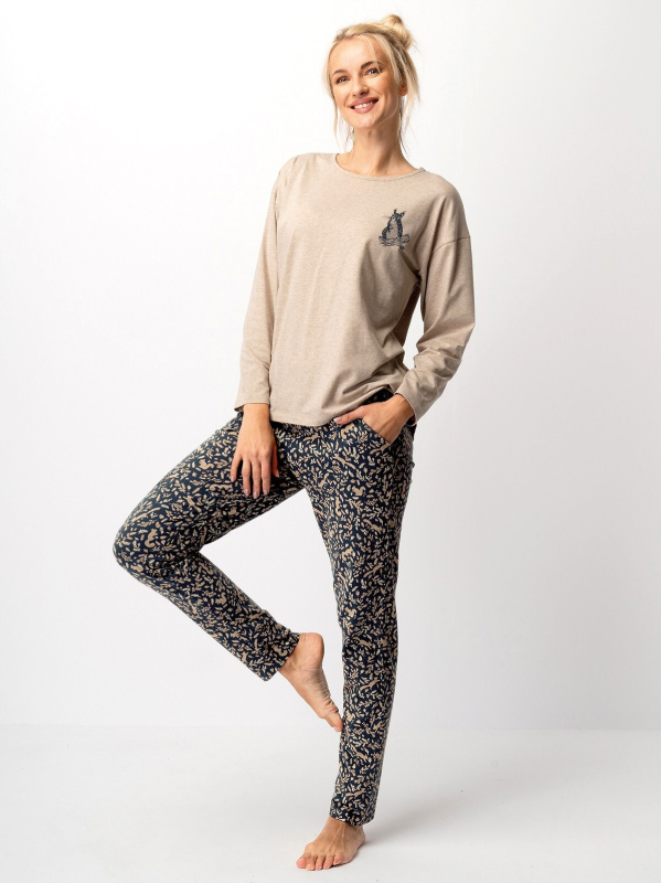 Pyžamo Key LNS 707 B25 long/r S-XL dámské béžovo-zelená M