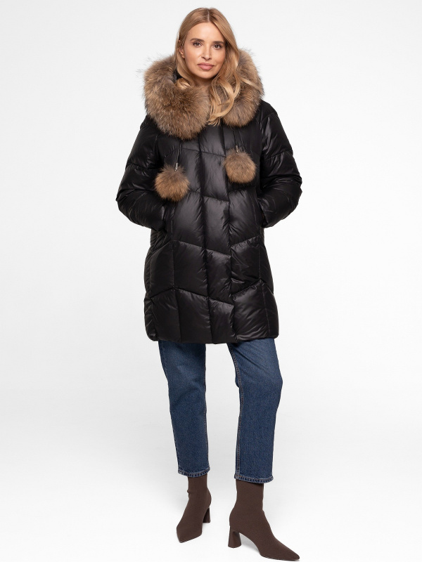 PERSO dámská péřová bunda s kožešinou a bambulkami