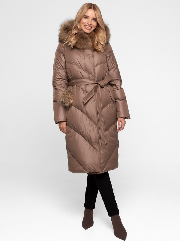 Dámský dlouhý péřový kabát s kožešinou a bambulí