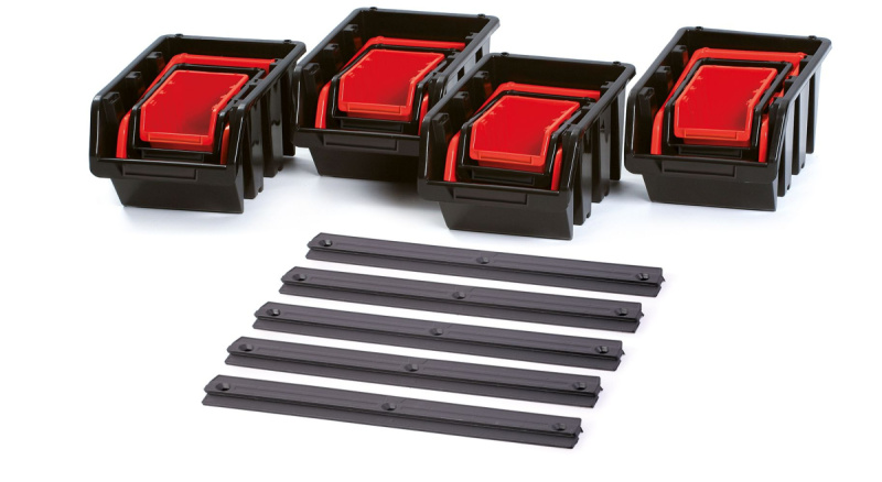 Sada plastových boxů s lištou na zeď, 580 x 230 x 130 mm, 16 boxů + 5 lišt - Kistenberg