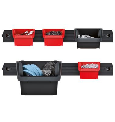 Sada plastových boxů s lištou na zeď, 580 x 230 x 130 mm, 16 boxů + 5 lišt - Kistenberg