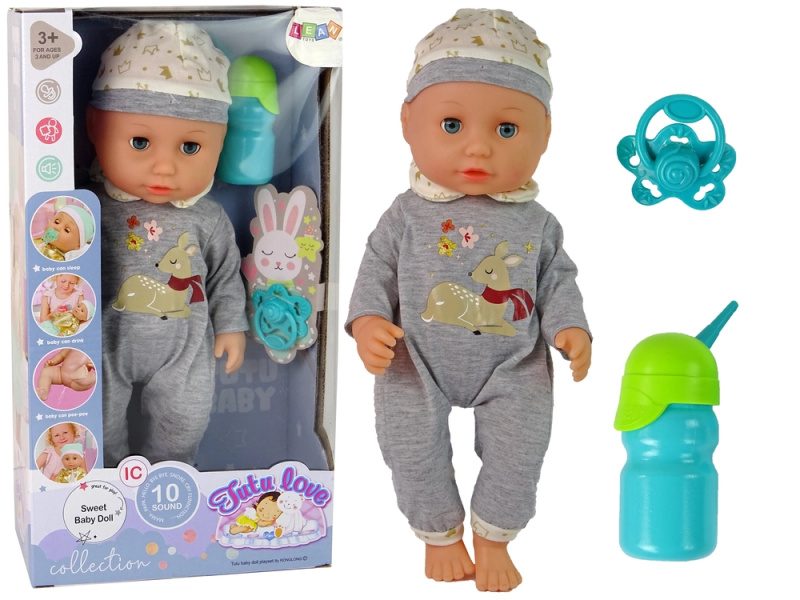 LEAN Toys Baby Doll Pee Sounds Loutková láhev šedé pyžamo