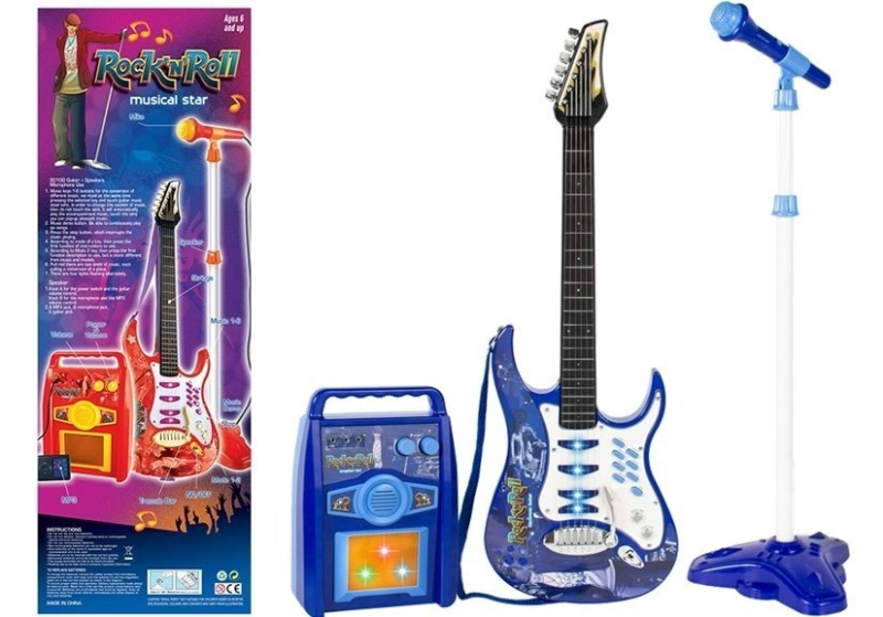Lean Toys Hravá elektrická kytara zesilovačem a mikrofonem modrá