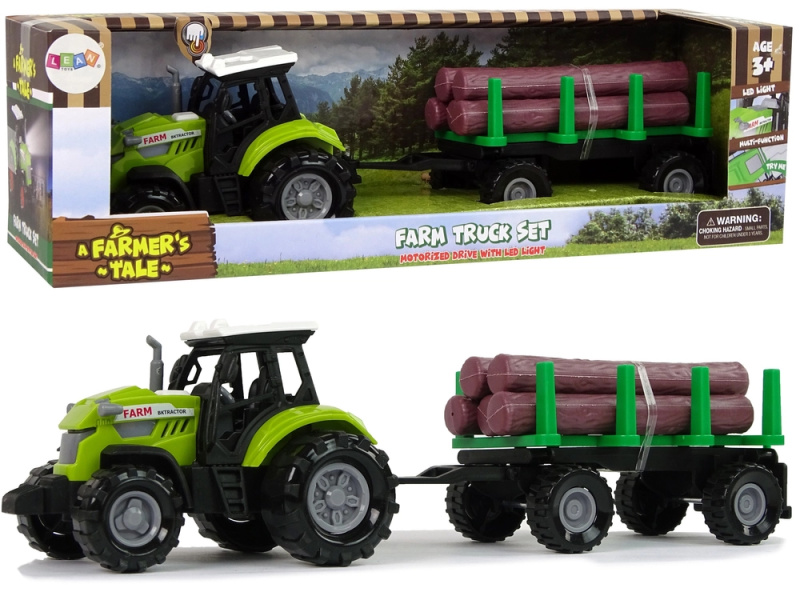 LEANToys Zelený traktor s kládami na přívěsu a zvuky