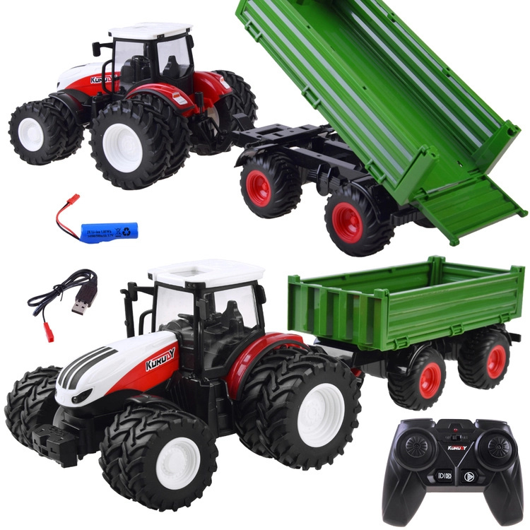 Zahradní RC traktor s naklápěcí zelenou vlečkou a LED osvětlením 1:24
