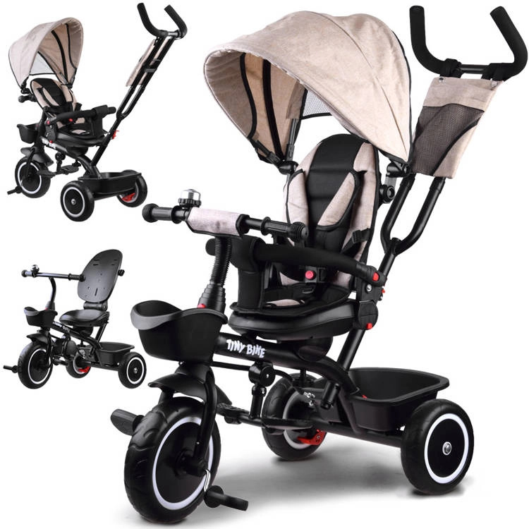 Dětská tříkolka Tiny Bike 3v1 s otočnou sedačkou a stříškou – Béžová